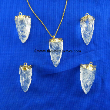 Crystal Quartz 3 Side Handknapped Tooth  Gold Electroplated Cap Pendant