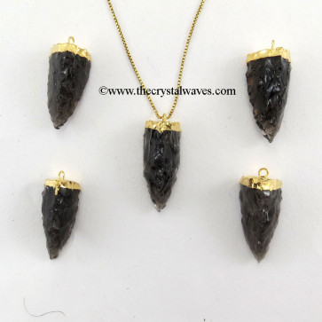 Black Obsidian  3 Side Handknapped Tooth  Gold Electroplated Cap Pendant