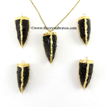 Black Obsidian  3 Side Handknapped Tooth  Gold Electroplated Pendant