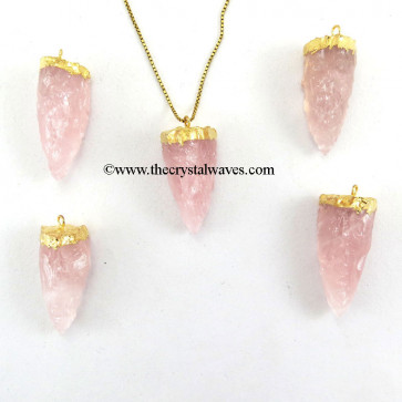 Rose Quartz  3 Side Handknapped Tooth  Gold Electroplated Cap Pendant