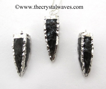 Black Obsidian  4 Side Handknapped Tooth Rhodium Electroplated Pendant