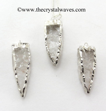 Crystal Quartz 4 Side Handknapped Tooth Rhodium Electroplated Pendant