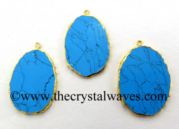 Turquoise With Black Matrix Manmade Flat Egg Shaped Oval Gold Electroplated Pendants