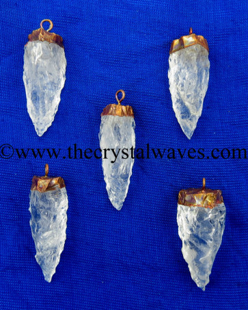 Crystal Quartz 3 Side Handknapped Tooth  Copper Electroplated Cap Pendant