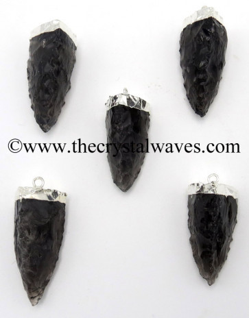 Black Obsidian 3 Side Handknapped Tooth Silver Electroplated Pendant