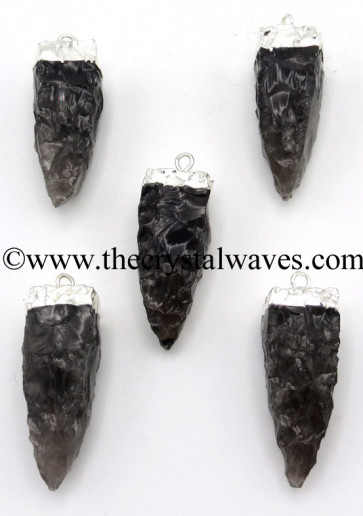 Black Obsidian 4 Side Handknapped Tooth Silver Electroplated Pendant
