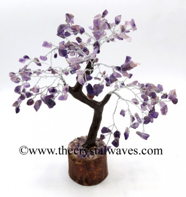 Amethyst 300 Chips Brown Bark Silver Wire Gemstone Tree With Wooden Base