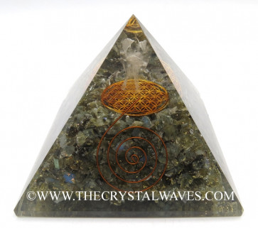 Labradorite Chips Big  Orgone Pyramid With Crystal Quartz Angel And Flower Of Life