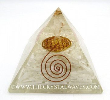Selenite Chips Big  Orgone Pyramid With Crystal Quartz Angel And Flower Of Life