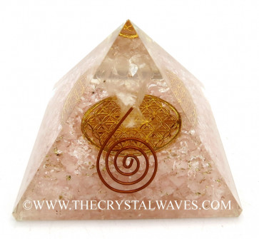 Rose Quartz Chips Big  Orgone Pyramid With Crystal Quartz Angel And Flower Of Life
