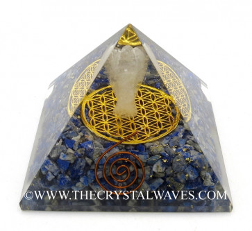 Lapis Lazuli Chips Orgone Pyramid With Crystal Quartz Angel And Flower Of Life