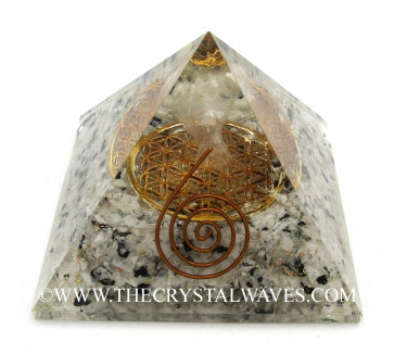 Black Tourmaline & Selenite Chips Orgone Pyramid With Crystal Quartz Angel And Flower Of Life