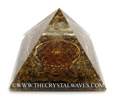 Tiger Eye Agate Chips Orgone Pyramid With Crystal Quartz Angel And Flower Of Life