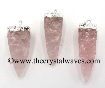 Rose Quartz 4 Side Handknapped Tooth Silver Electroplated Pendant