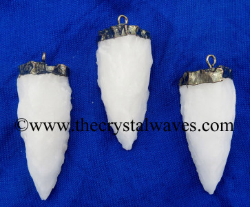 Snow Quartz 3 Side Handknapped Tooth Gold Electroplated Pendant