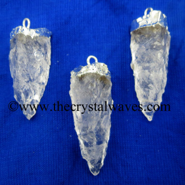 Crystal Quartz 3 Side Handknapped Tooth Silver Electroplated Pendant