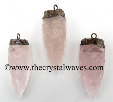 Rose Quartz 3 Side Handknapped Tooth Silver Electroplated Pendant