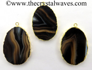 Black Banded Agate Chalcedony Oval Shape Gold Electroplated Pendant 