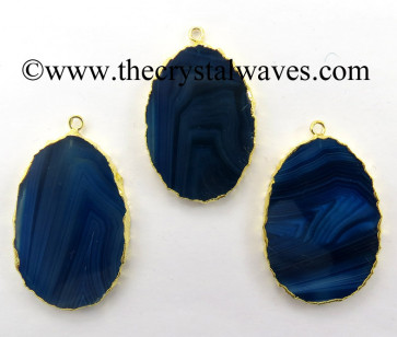 Blue Banded Agate Chalcedony Oval Shape Gold Electroplated Pendant 