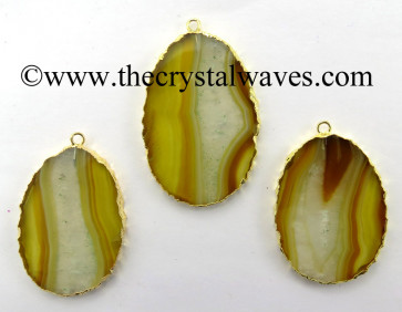 Yellow Banded Agate Chalcedony Oval Shape Gold Electroplated Pendant 