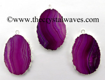 Pink Banded Agate Chalcedony Oval Shape Silver Electroplated Pendant 