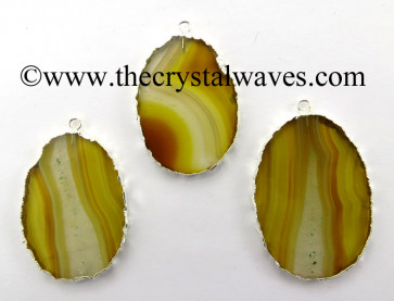 Yellow Banded Agate Chalcedony Oval Shape Silver Electroplated Pendant 