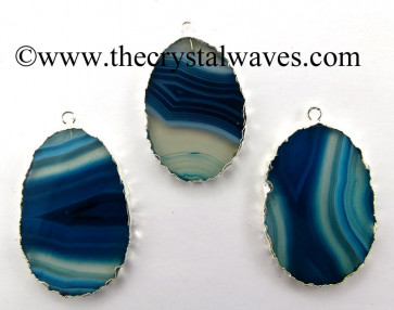 Persian Blue Banded Agate Chalcedony Oval Shape Silver Electroplated Pendant 