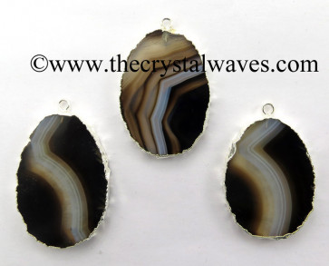 Black Banded Agate Chalcedony Oval Shape Silver Electroplated Pendant 