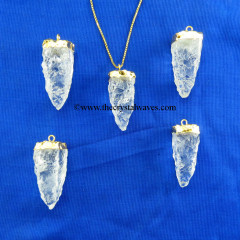 Crystal Quartz 4 Side Handknapped Tooth  Gold Electroplated Cap Pendant