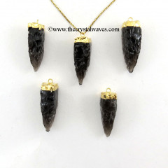 Black Obsidian  4 Side Handknapped Tooth  Gold Electroplated Cap Pendant