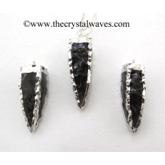Black Obsidian  4 Side Handknapped Tooth Rhodium Electroplated Pendant
