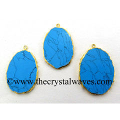 Turquoise With Black Matrix Manmade Flat Egg Shaped Oval Gold Electroplated Pendants
