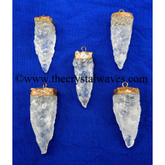 Crystal Quartz 4 Side Handknapped Tooth  Copper Electroplated Cap Pendant