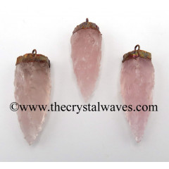 Rose Quartz 3 Side Handknapped Tooth  Copper Electroplated Cap Pendant
