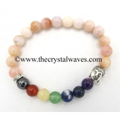 Pink Opal Round Beads Chakra Bracelet With Buddha Charm