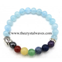 Aquamarine Natural Round Beads Chakra Bracelet With Buddha Charm