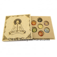 Buddha With Chakra Symbols Engraved Flat Wooden Box With Gemstone Round Cabochon Engraved Chakra Set 