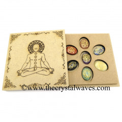 Buddha With Chakra Symbols Engraved Flat Wooden Box With Gemstone Oval Cabochon Engraved Chakra Set 