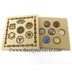 Chakra Symbols Engraved Engraved Flat Wooden Box With Gemstone Round Cabochon Chakra Set 