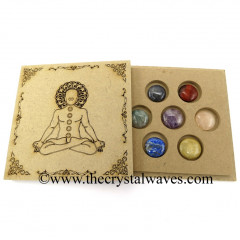 Buddha With Chakra SymbolsEngraved Flat Wooden Box With Gemstone Round Cabochon Chakra Set 