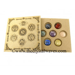 Chakra Symbols Engraved Engraved Flat Wooden Box With Gemstone Round Cabochon Chakra Set 