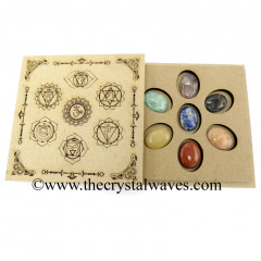 Chakra Symbols Engraved Engraved Flat Wooden Box With Gemstone Oval Cabochon Chakra Set 