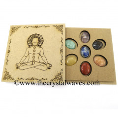 Buddha With Chakra Symbols Engraved Engraved Flat Wooden Box With Gemstone Oval Cabochon Chakra Set 