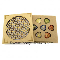 Flower Of Life Round Engraved Flat Wooden Box With Gemstone Pub Heart Engraved Chakra Set 