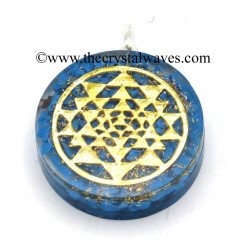 Turquoise Manmade Chips With Yantra Symbols Round Orgone Disc Pendant