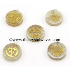 Selenite Chips With Mix Assorted Symbols Round Orgone Disc Pendant