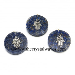 Lapis Lazuli Chips With Hamsa Symbol Round Orgone Disc Pendant
