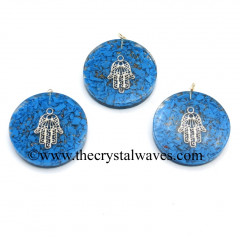 Turquoise Manmade Chips With Hamsa Symbol Round Orgone Disc Pendant