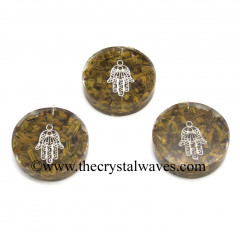 Tiger Eye Agate Chips With Hamsa Symbol Round Orgone Disc Pendant