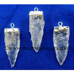 Crystal Quartz 4 Side Handknapped Tooth Silver Electroplated Pendant